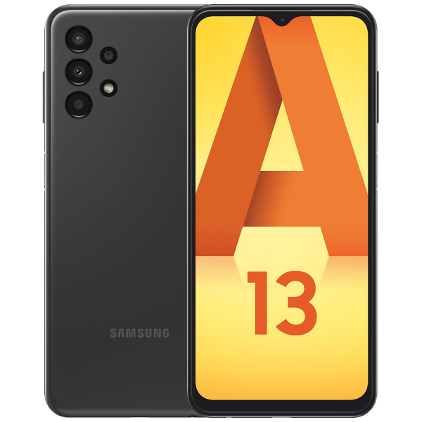 Samsung Galaxy A13 64 Go noir reconditionné, vu de dos et de face