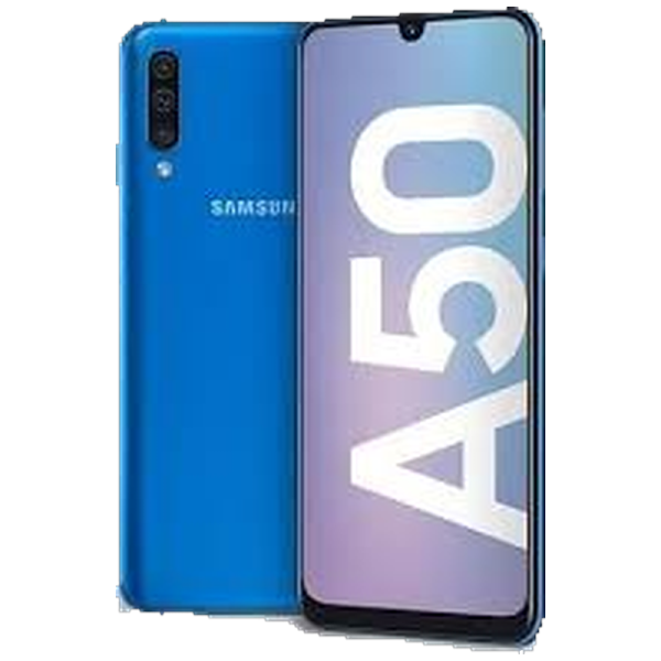 Samsung Galaxy A50 128 Go bleu reconditionné, vu de dos et de face