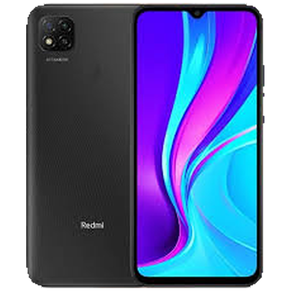 Xiaomi Redmi 9C 32 Go noir reconditionné, vu de dos et de face